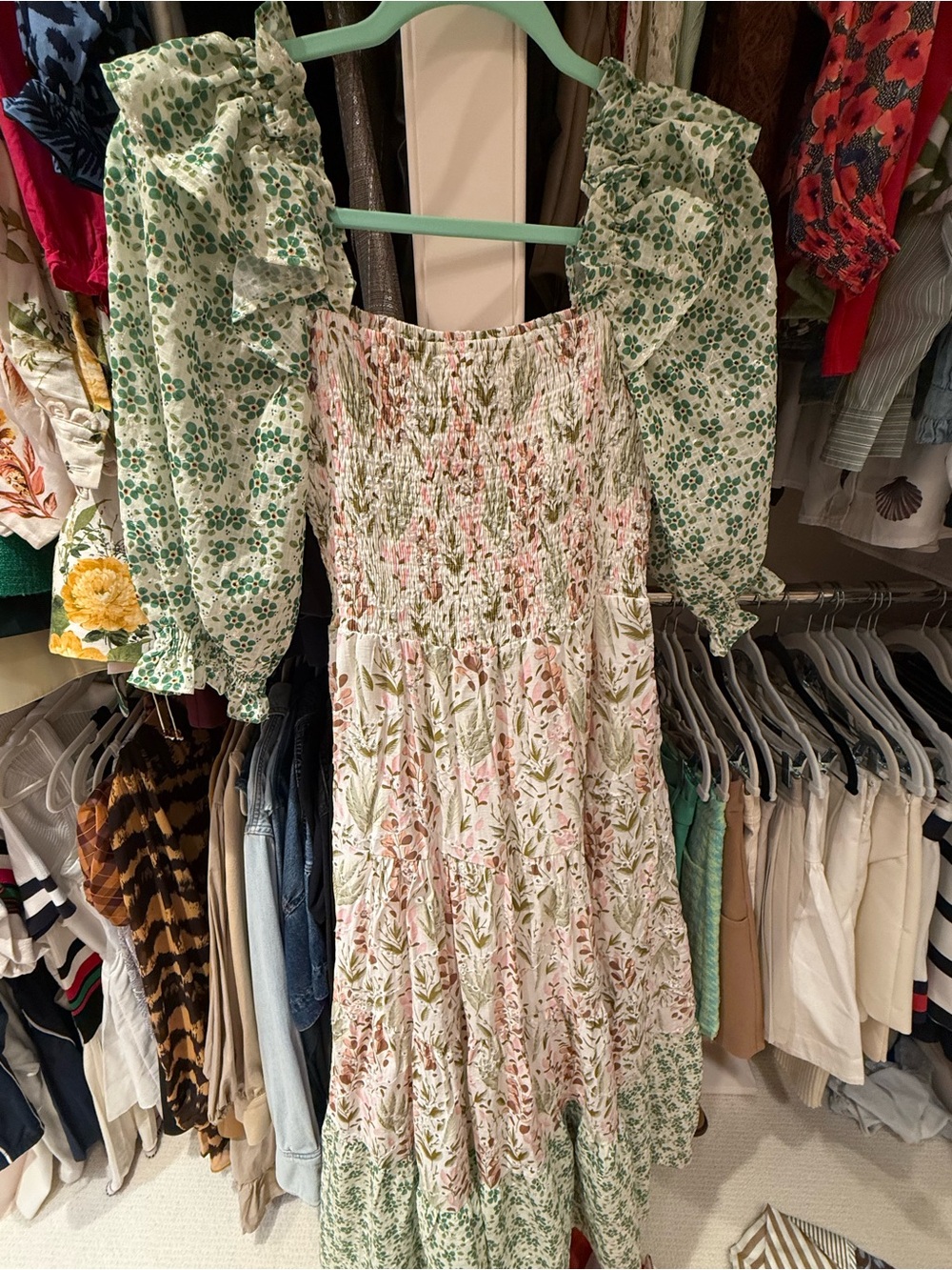 MELLODAY Green and Pink Floral Smocked Maxi Dress with Puff Sleeves